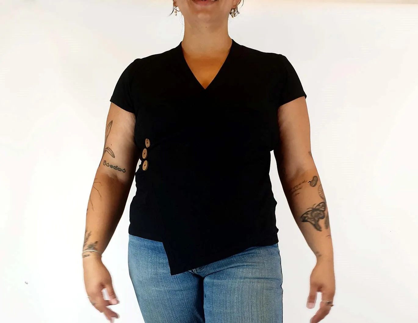 Gwyllem black wrap style top with cute side buttons side 16