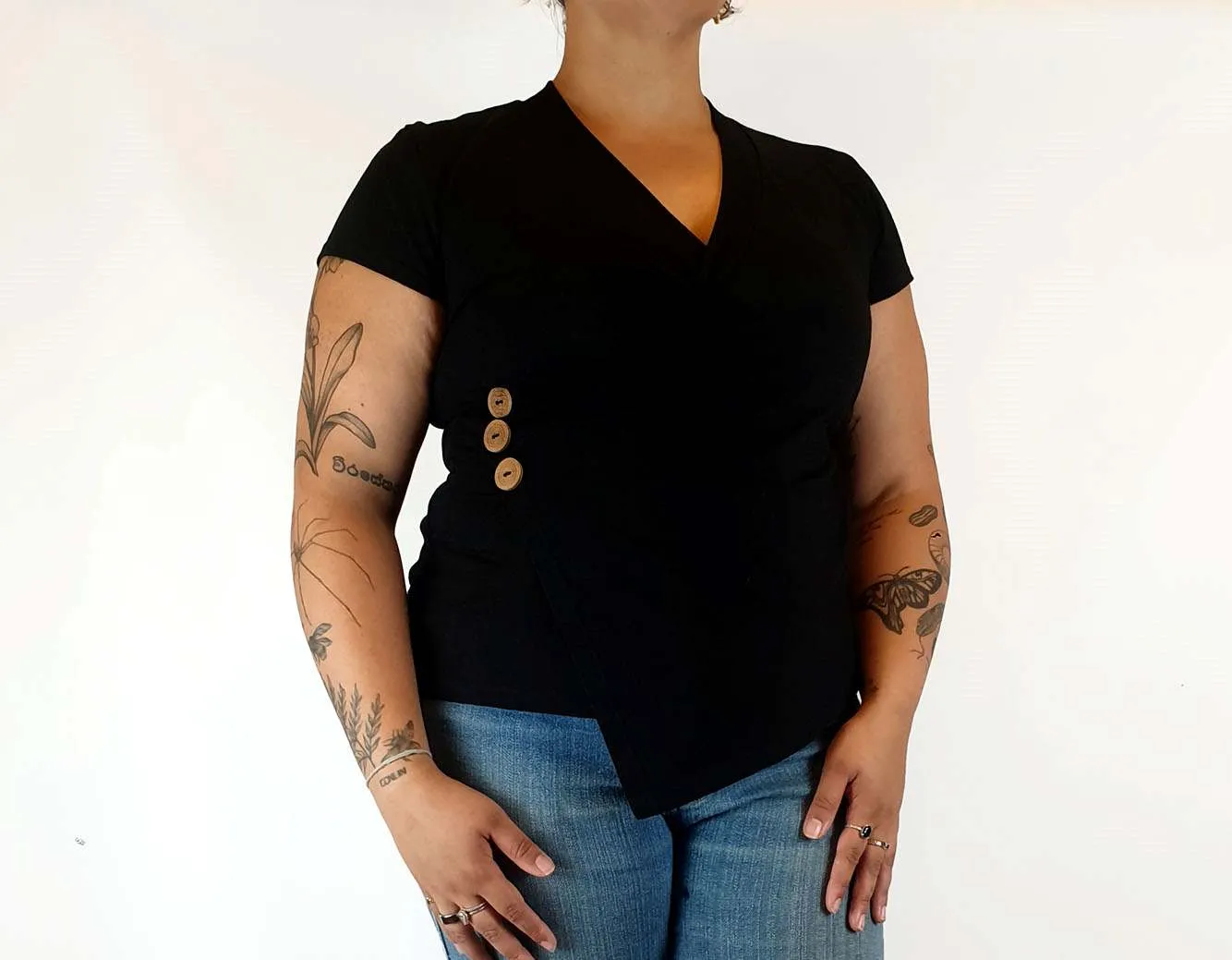 Gwyllem black wrap style top with cute side buttons side 16
