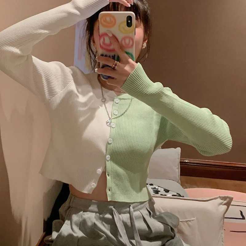 Half Colors Combination Slim Cardigan Sweater