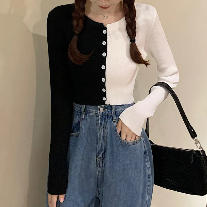 Half Colors Combination Slim Cardigan Sweater
