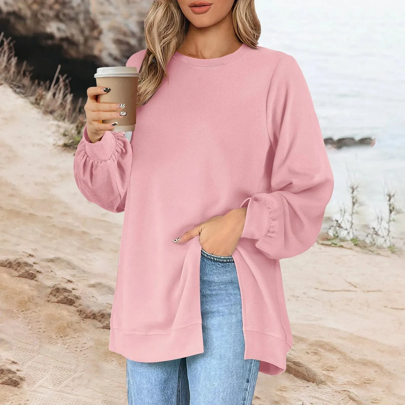 Harajuku Style Solid Color Fashion Round Neck Button Split Sweatshirt Basic Streetwear Loose Long Sleeve Top For Girls