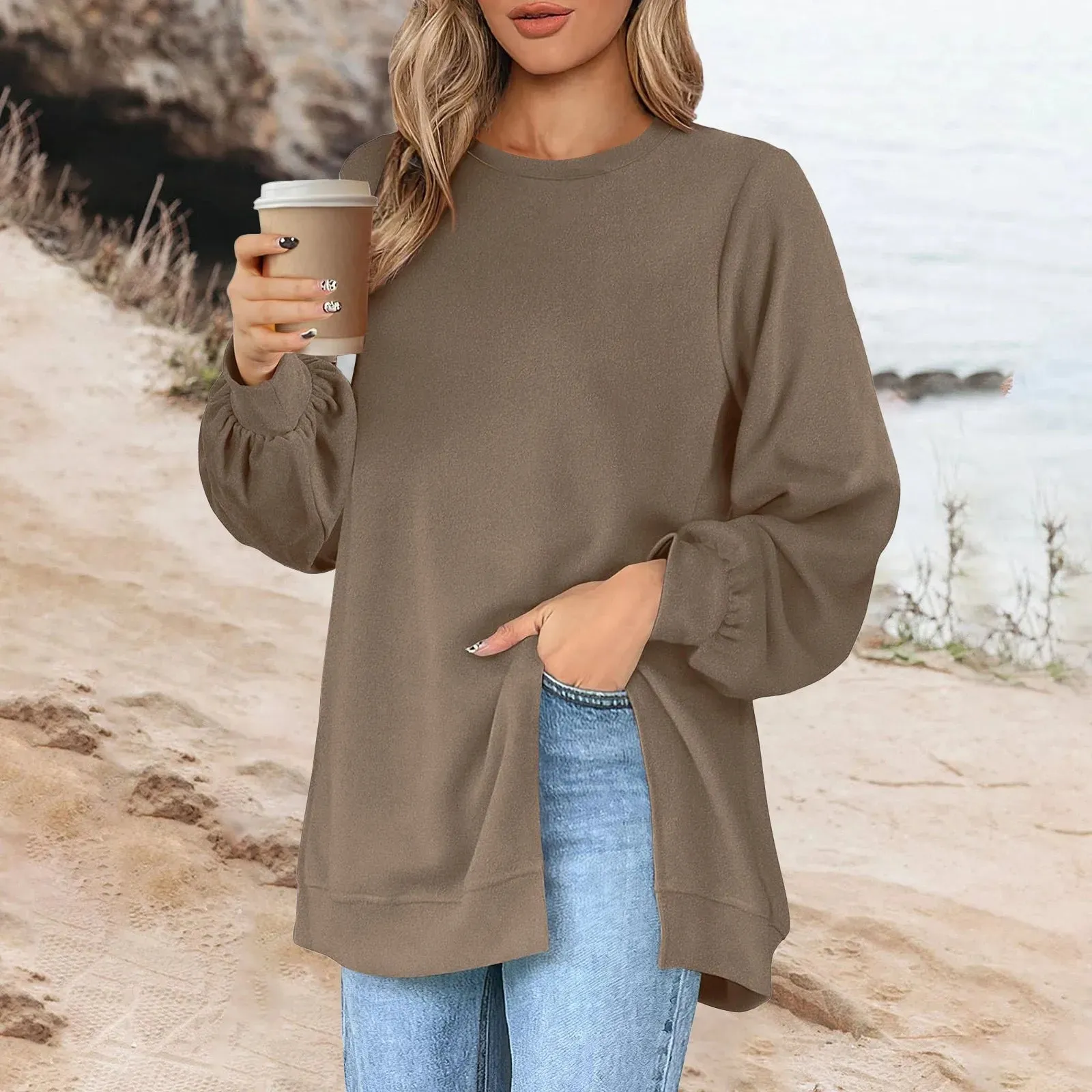 Harajuku Style Solid Color Fashion Round Neck Button Split Sweatshirt Basic Streetwear Loose Long Sleeve Top For Girls