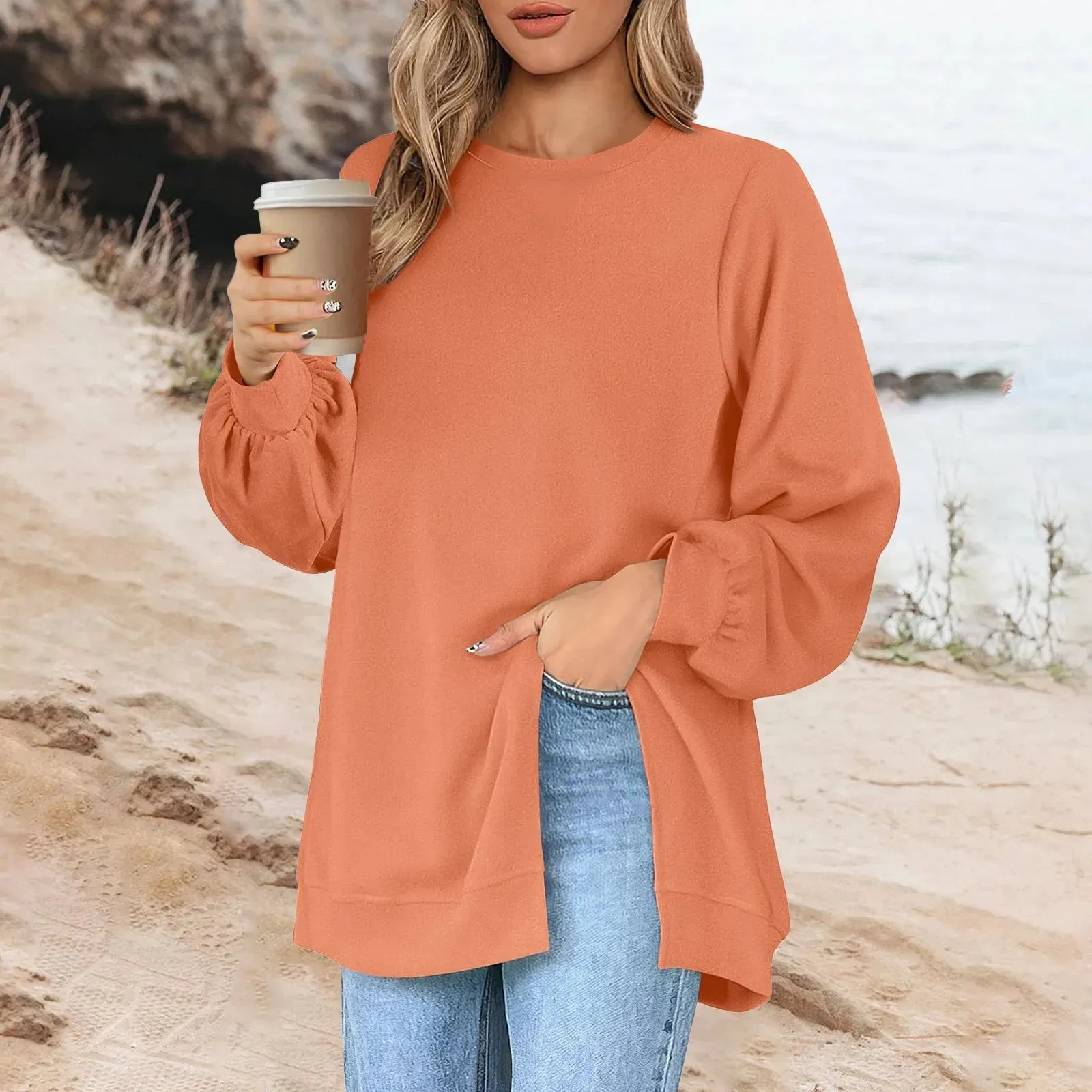Harajuku Style Solid Color Fashion Round Neck Button Split Sweatshirt Basic Streetwear Loose Long Sleeve Top For Girls