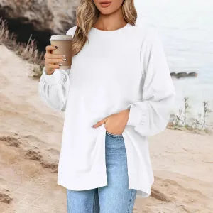 Harajuku Style Solid Color Fashion Round Neck Button Split Sweatshirt Basic Streetwear Loose Long Sleeve Top For Girls