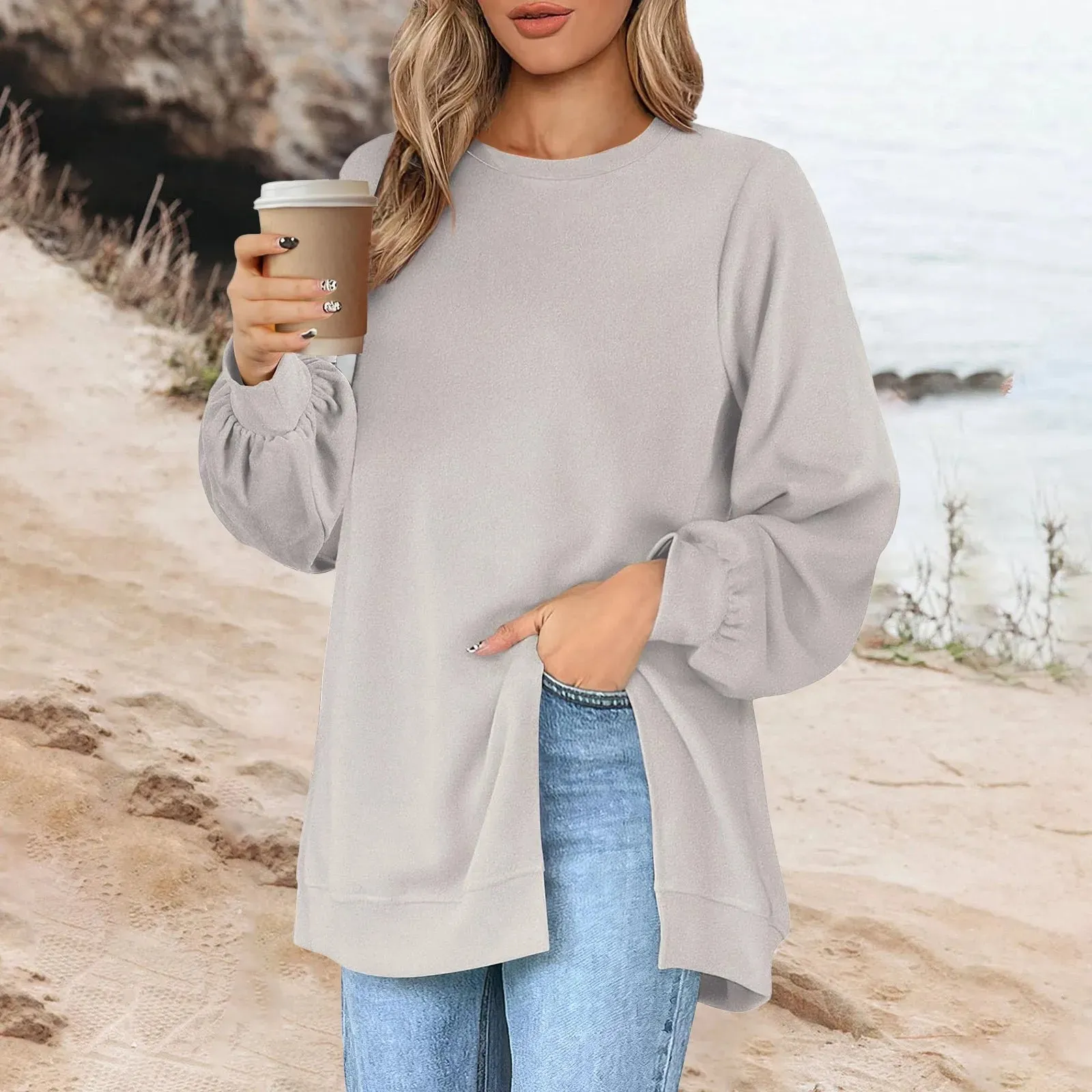 Harajuku Style Solid Color Fashion Round Neck Button Split Sweatshirt Basic Streetwear Loose Long Sleeve Top For Girls