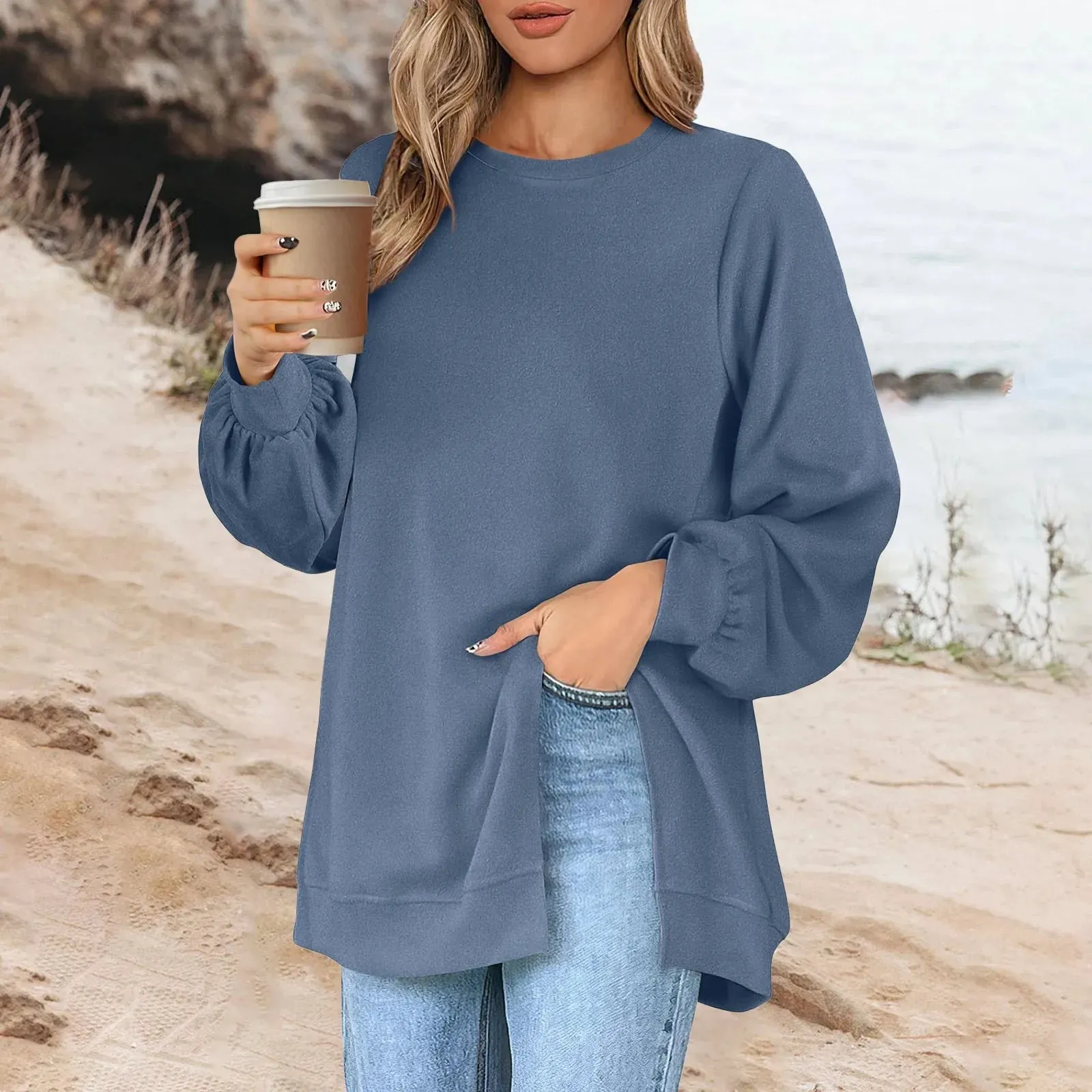 Harajuku Style Solid Color Fashion Round Neck Button Split Sweatshirt Basic Streetwear Loose Long Sleeve Top For Girls
