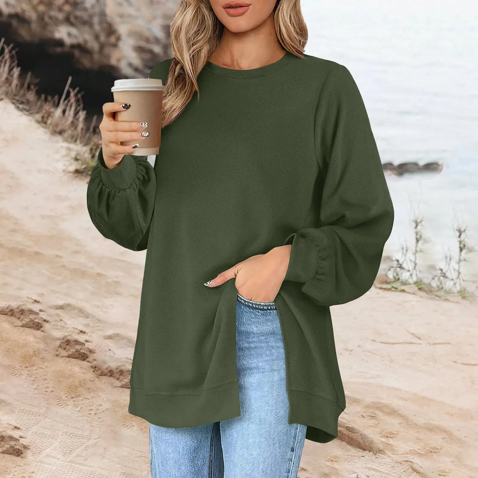 Harajuku Style Solid Color Fashion Round Neck Button Split Sweatshirt Basic Streetwear Loose Long Sleeve Top For Girls