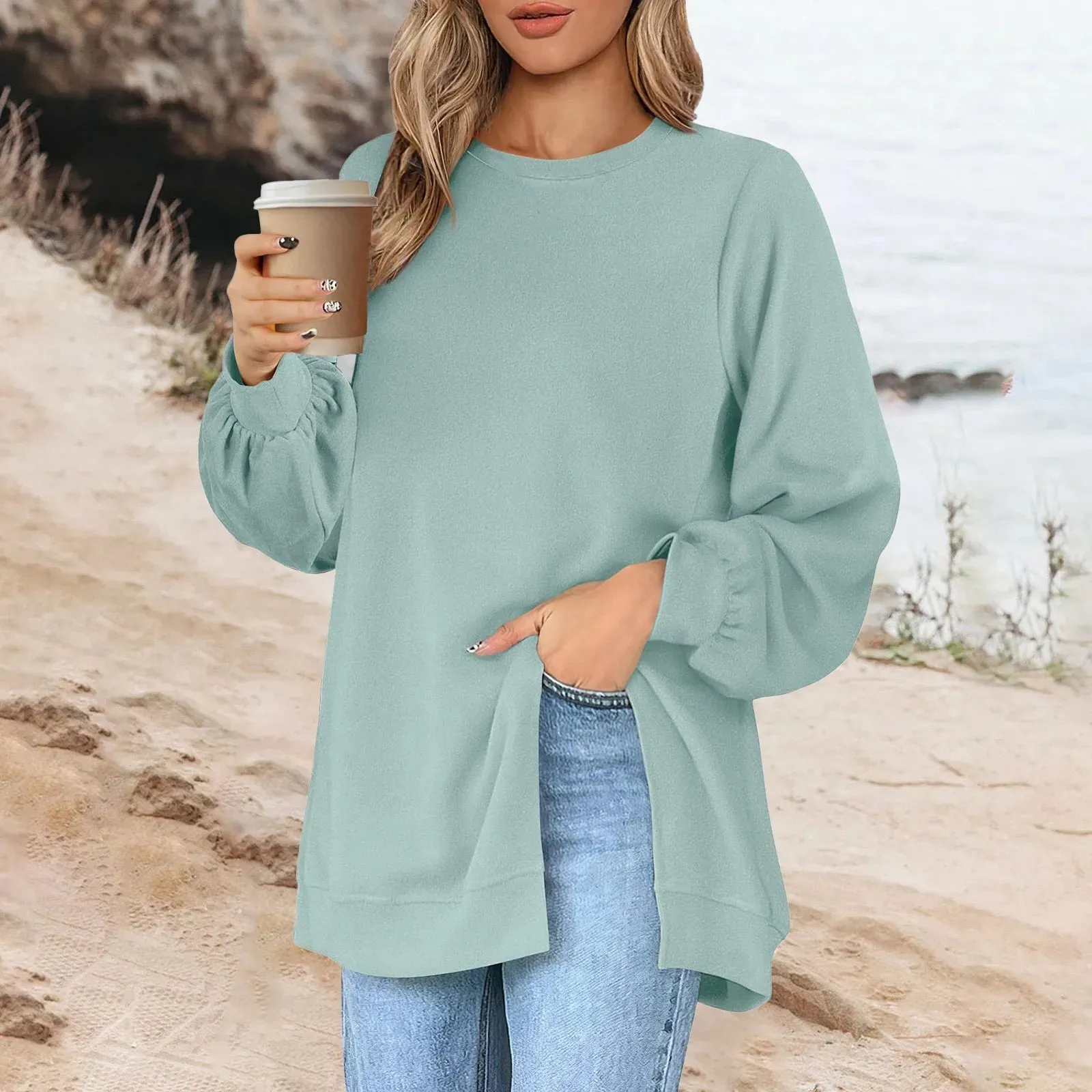Harajuku Style Solid Color Fashion Round Neck Button Split Sweatshirt Basic Streetwear Loose Long Sleeve Top For Girls
