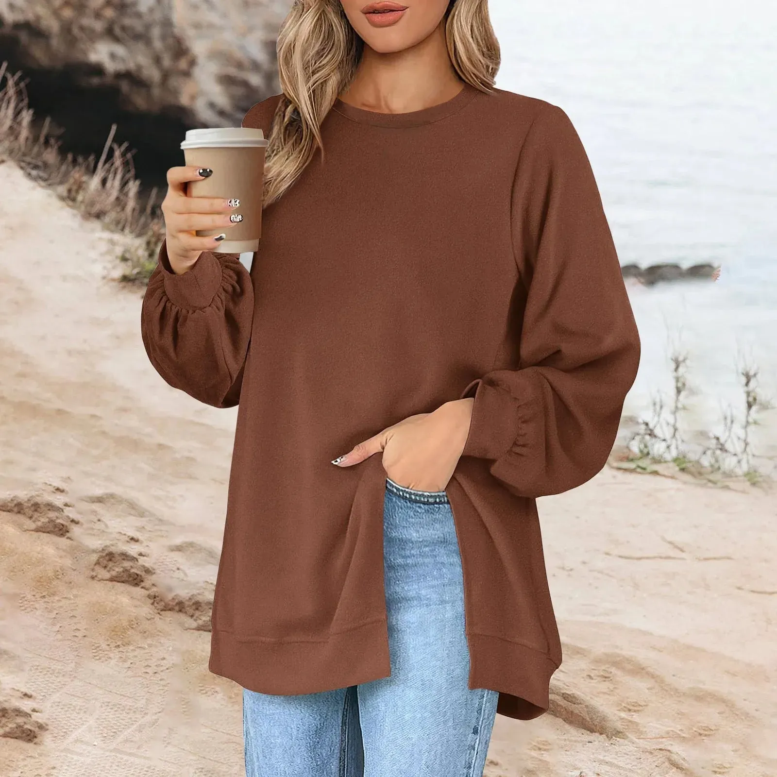 Harajuku Style Solid Color Fashion Round Neck Button Split Sweatshirt Basic Streetwear Loose Long Sleeve Top For Girls