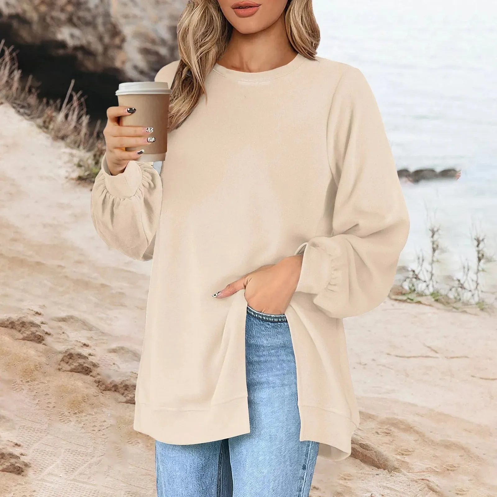 Harajuku Style Solid Color Fashion Round Neck Button Split Sweatshirt Basic Streetwear Loose Long Sleeve Top For Girls