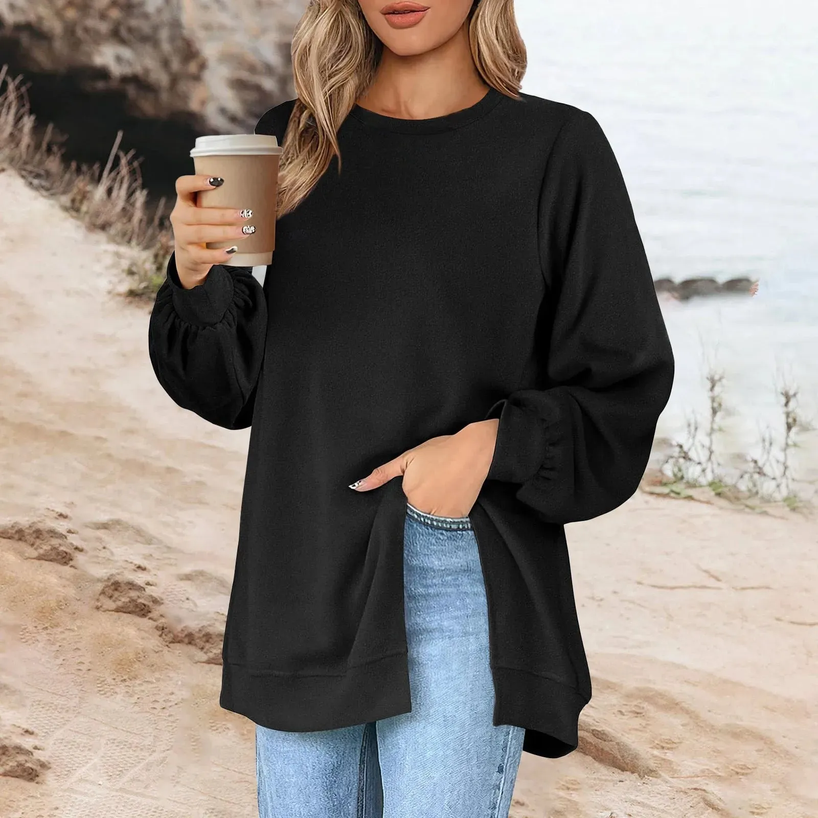 Harajuku Style Solid Color Fashion Round Neck Button Split Sweatshirt Basic Streetwear Loose Long Sleeve Top For Girls