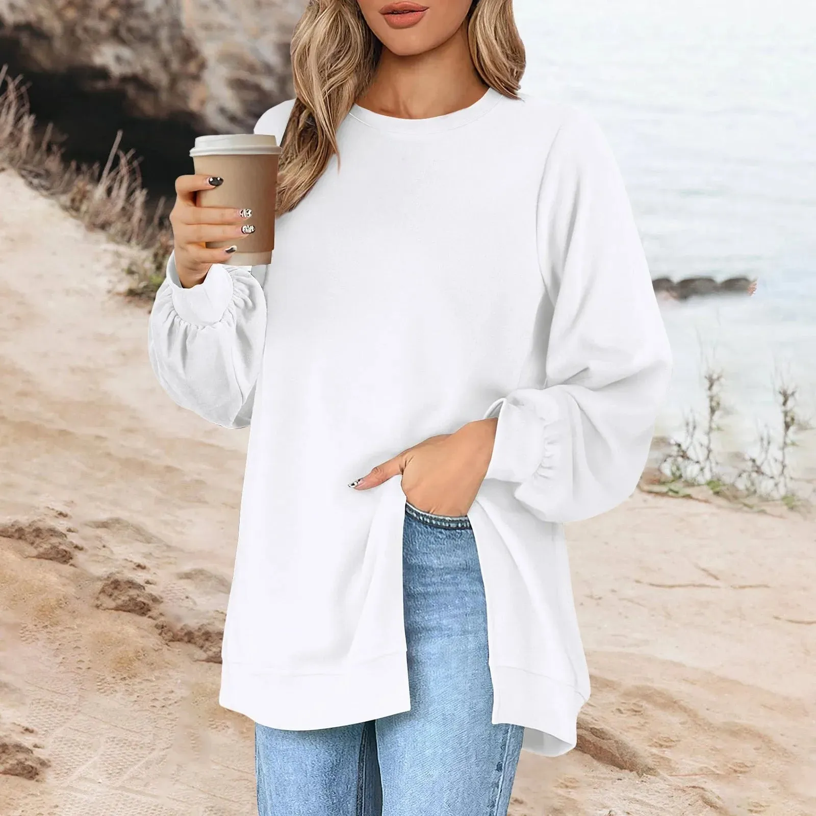 Harajuku Style Solid Color Fashion Round Neck Button Split Sweatshirt Basic Streetwear Loose Long Sleeve Top For Girls