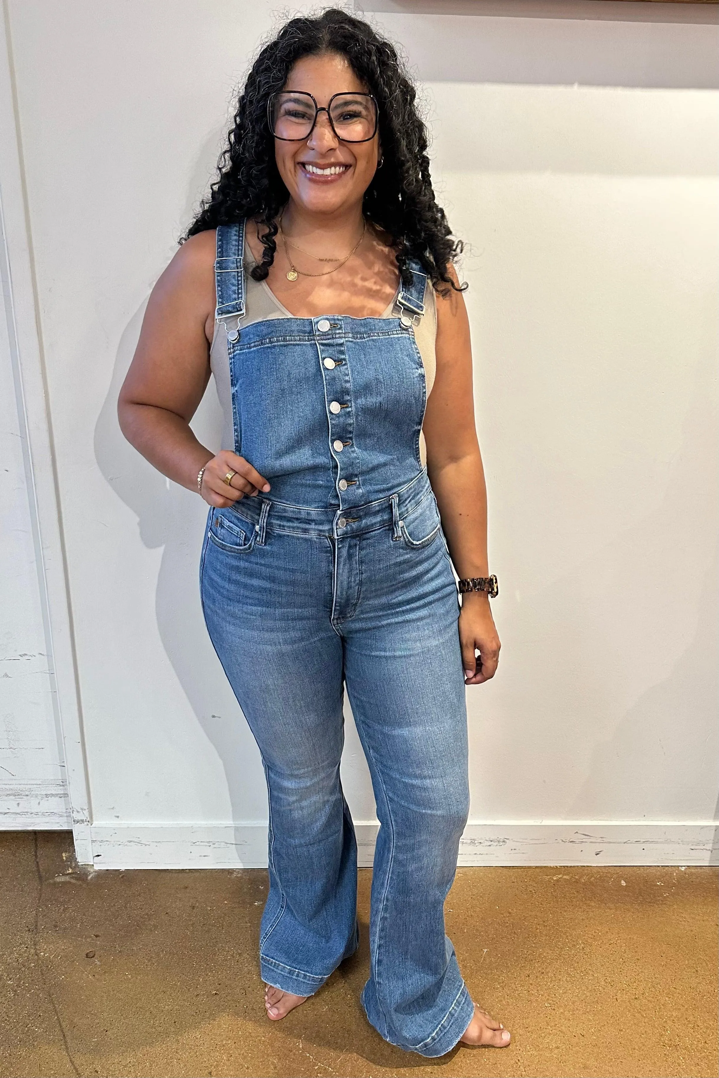 Hazel Blues® |  Izzy Control Top Retro Flare Overalls