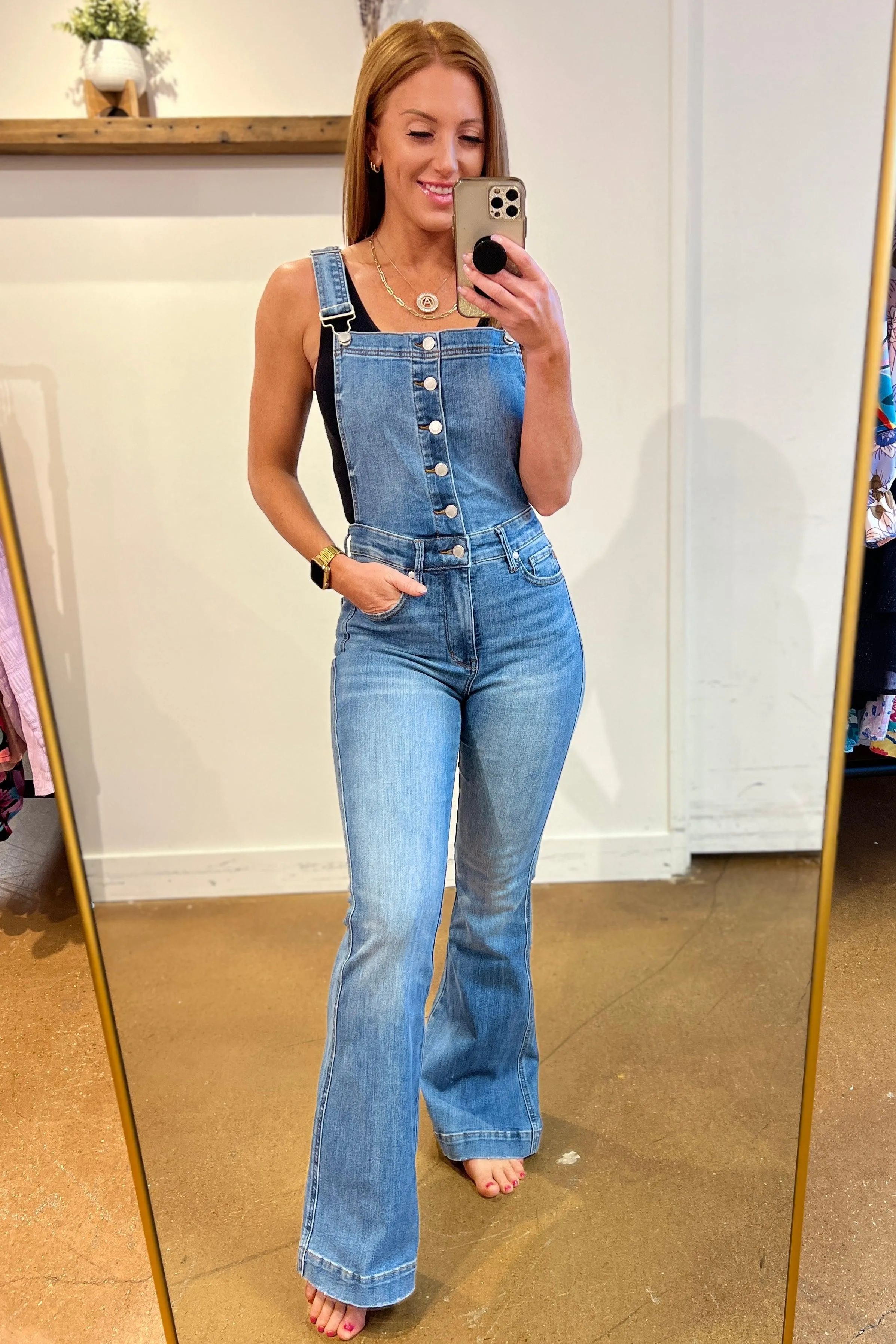 Hazel Blues® |  Izzy Control Top Retro Flare Overalls