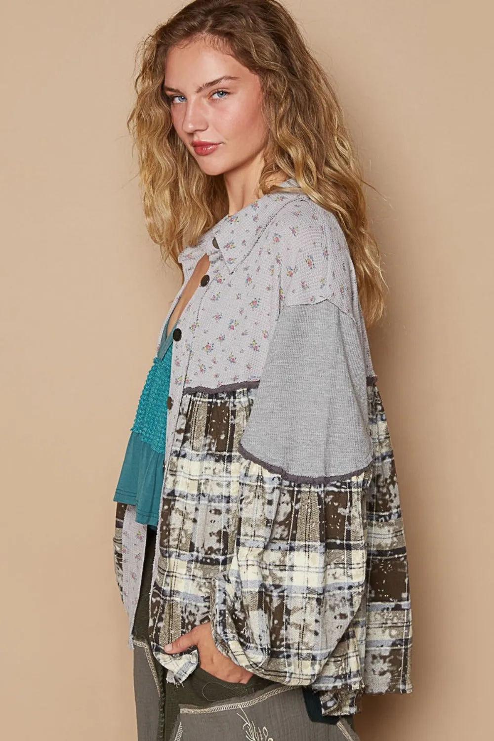 Hazel Blues® |  POL Balloon Sleeve Floral Color Block Plaid Shirt