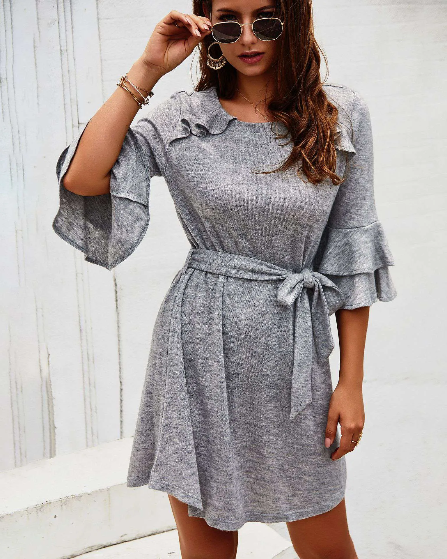 Independent Design Fashion Women's Autumn and Winter Cropped Sleeves Round Neck Dress