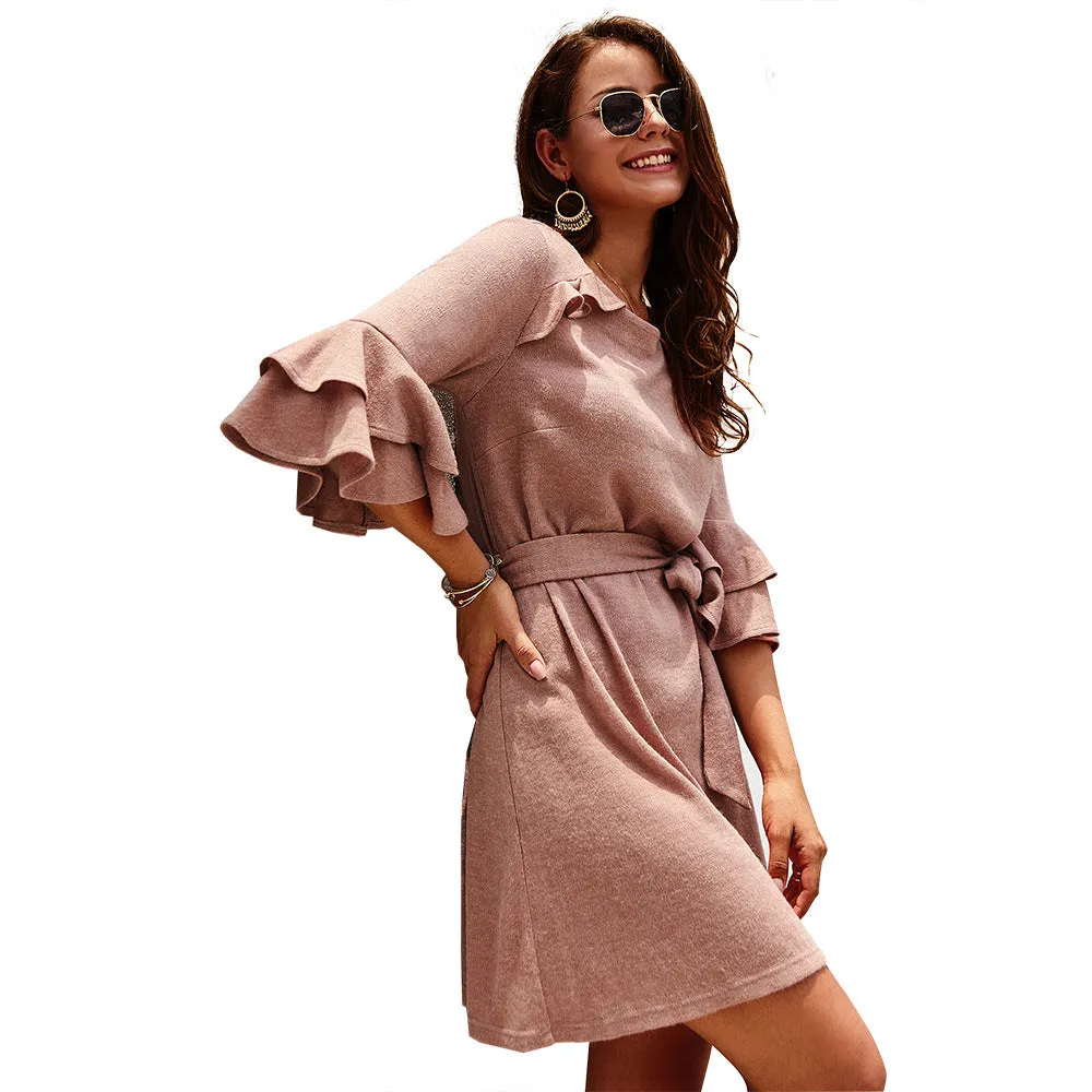 Independent Design Fashion Women's Autumn and Winter Cropped Sleeves Round Neck Dress