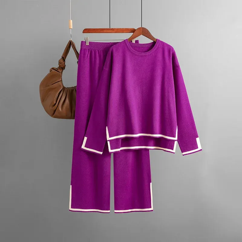 JazzHer 2024 Fall Fashion Knitted Flare Pants Sets For Women Side Slits Loose Pullover Sweater Women's Casual Sleepwear 2 Piece Sets Womens Outfits