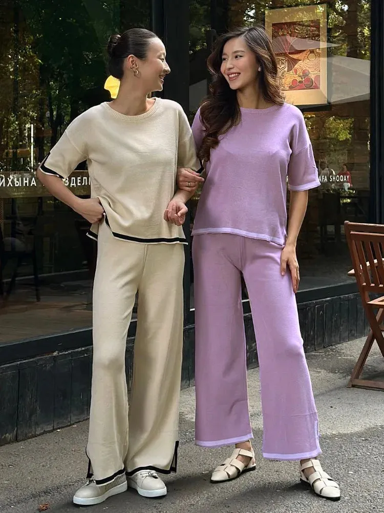 JazzHer 2024 Fall Fashion Knitted Flare Pants Sets For Women Side Slits Loose Pullover Sweater Women's Casual Sleepwear 2 Piece Sets Womens Outfits