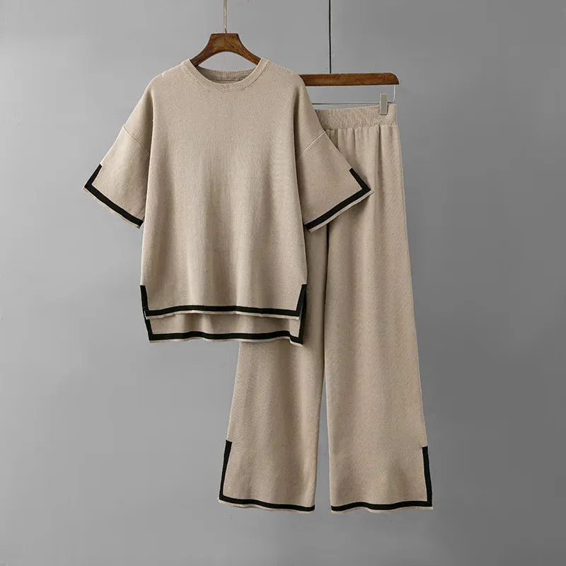 JazzHer 2024 Fall Fashion Knitted Flare Pants Sets For Women Side Slits Loose Pullover Sweater Women's Casual Sleepwear 2 Piece Sets Womens Outfits