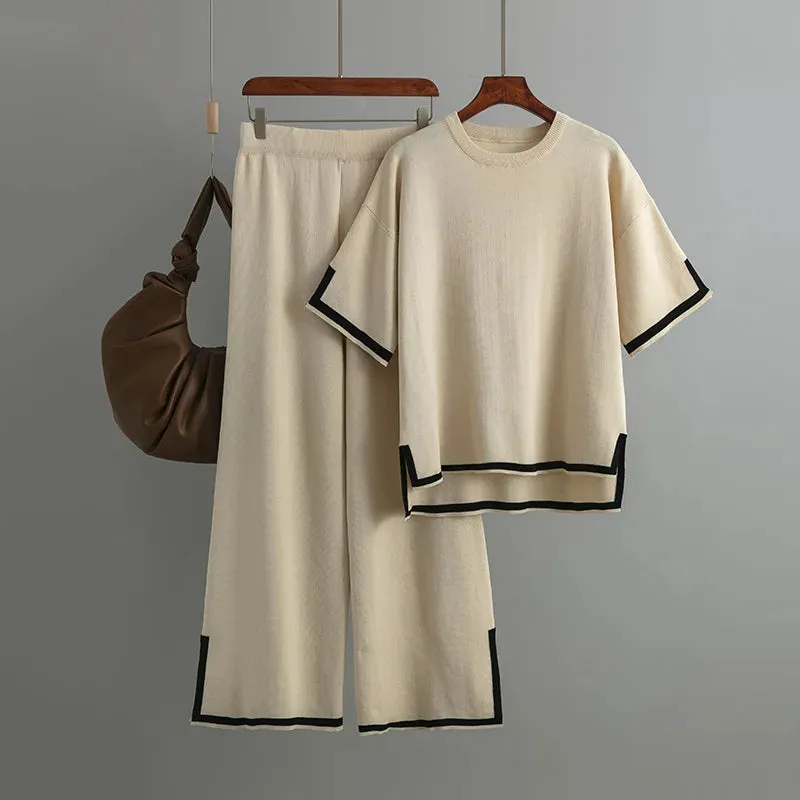JazzHer 2024 Fall Fashion Knitted Flare Pants Sets For Women Side Slits Loose Pullover Sweater Women's Casual Sleepwear 2 Piece Sets Womens Outfits