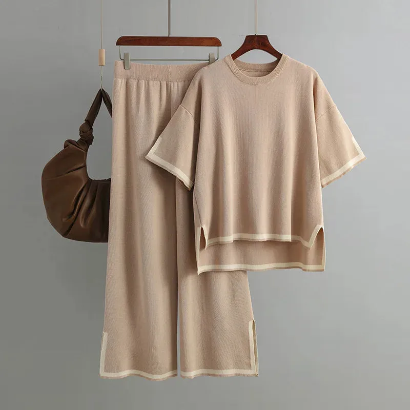 JazzHer 2024 Fall Fashion Knitted Flare Pants Sets For Women Side Slits Loose Pullover Sweater Women's Casual Sleepwear 2 Piece Sets Womens Outfits