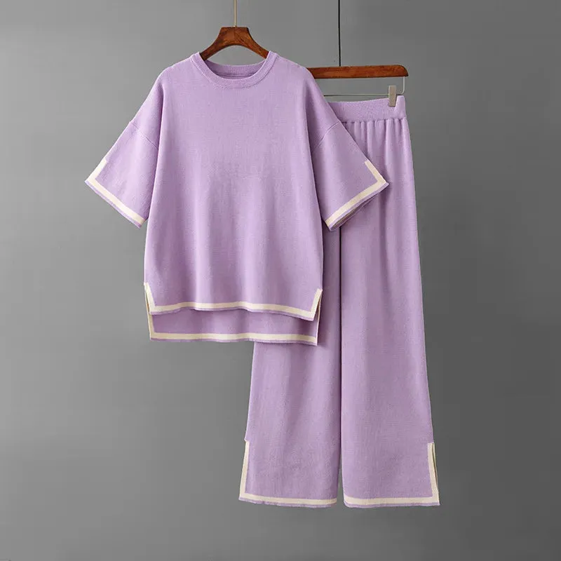 JazzHer 2024 Fall Fashion Knitted Flare Pants Sets For Women Side Slits Loose Pullover Sweater Women's Casual Sleepwear 2 Piece Sets Womens Outfits