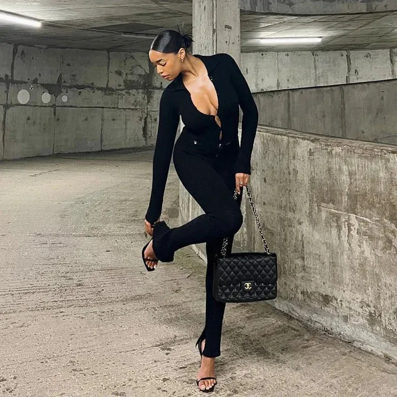 JazzHer Crochet Ribbed Knit Pants Sets For Women Two Peice Sets Outifits See-Through Hollow Out Knitted Tracksuit Streetwear 2023