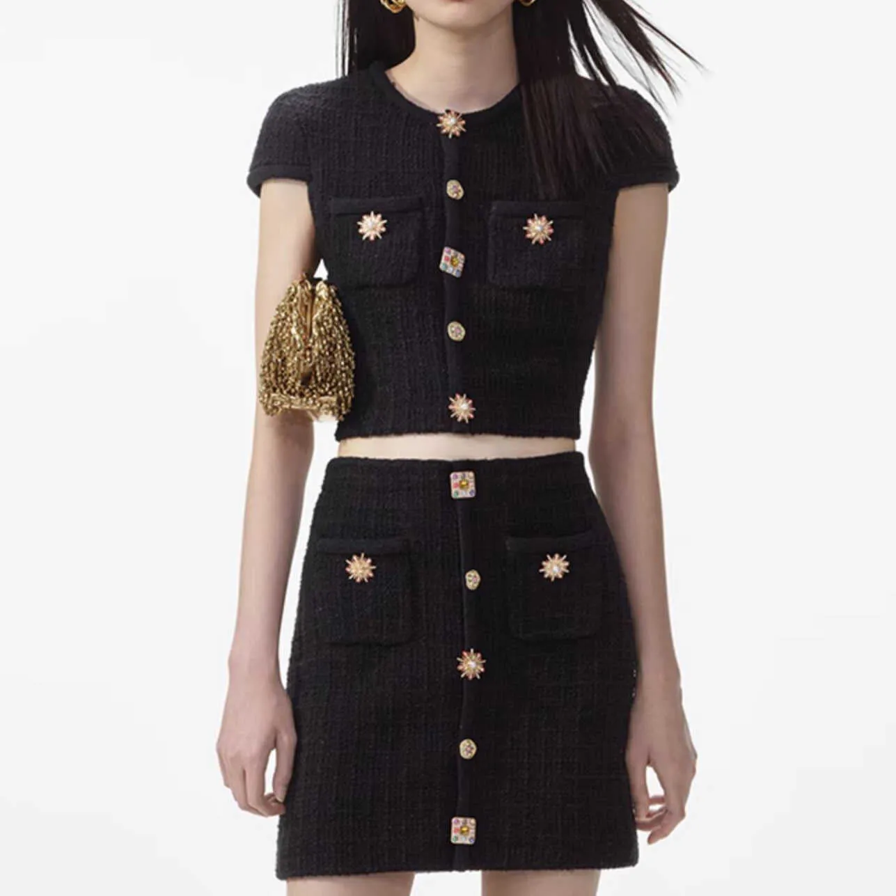 jewel buttons knitted mini skirt in black