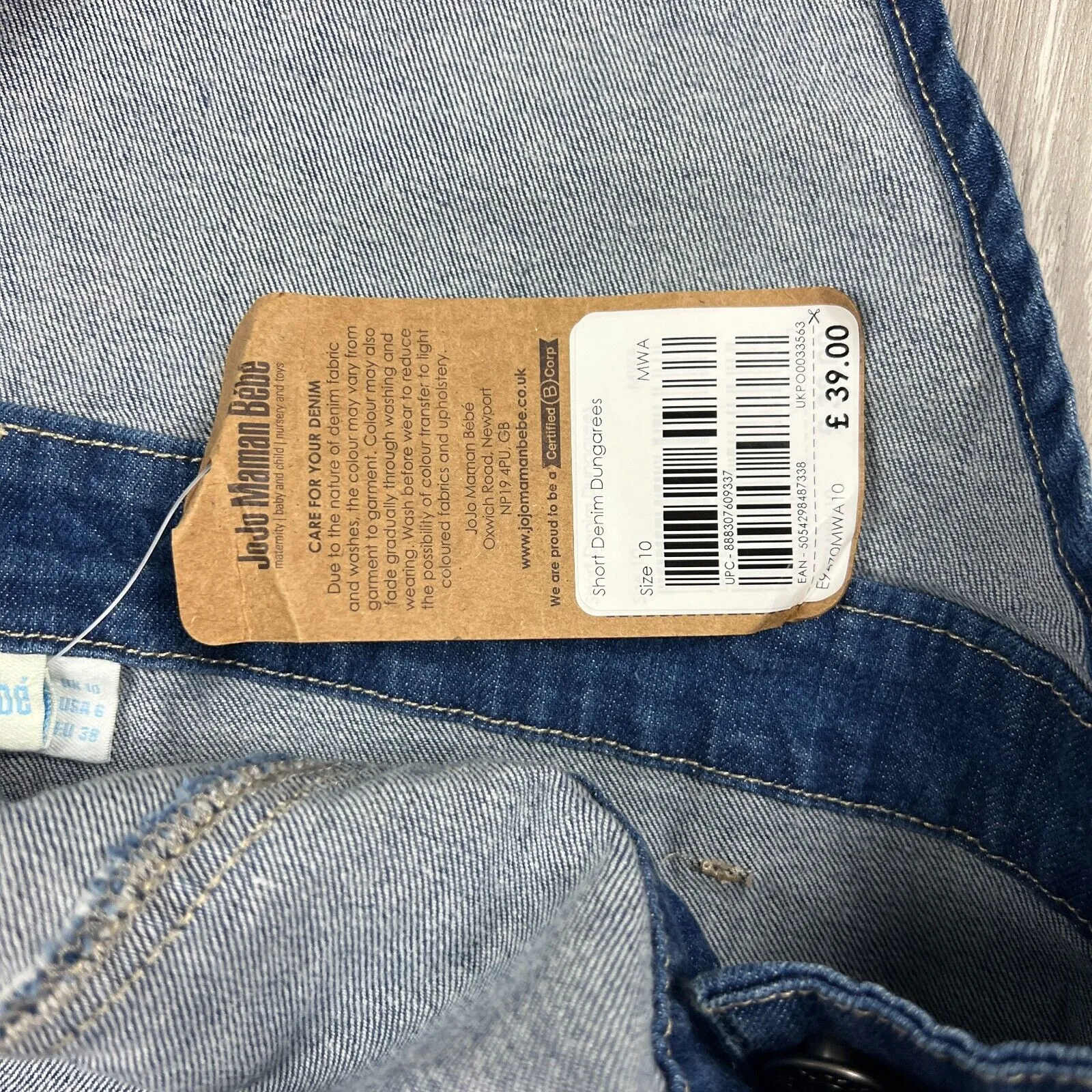 Jojo Maman Bebe Womens Short Denim Dungarees Size 10 (New)