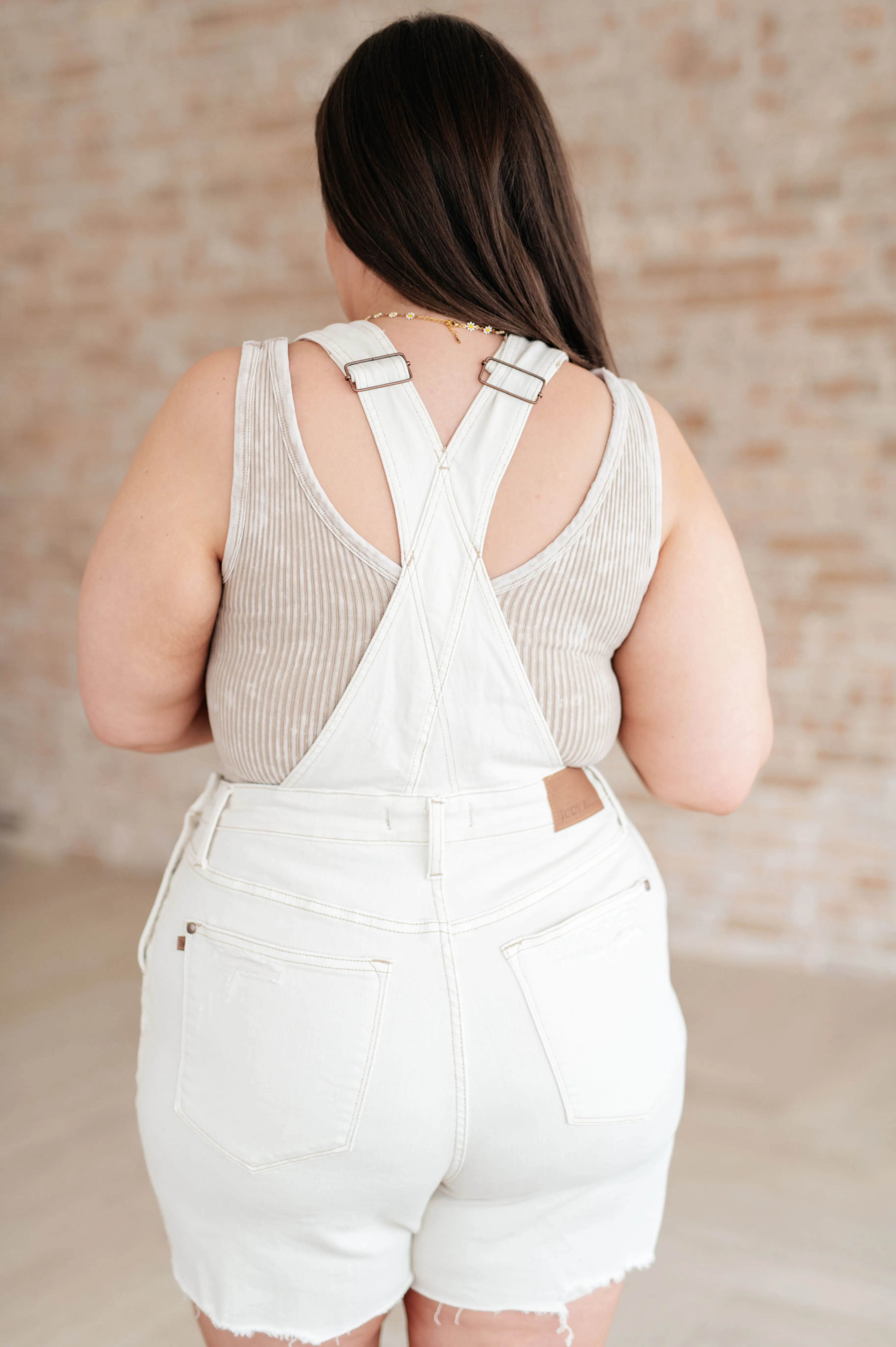 Judy Blue High-Rise Cut-Off Shortalls in Ecru