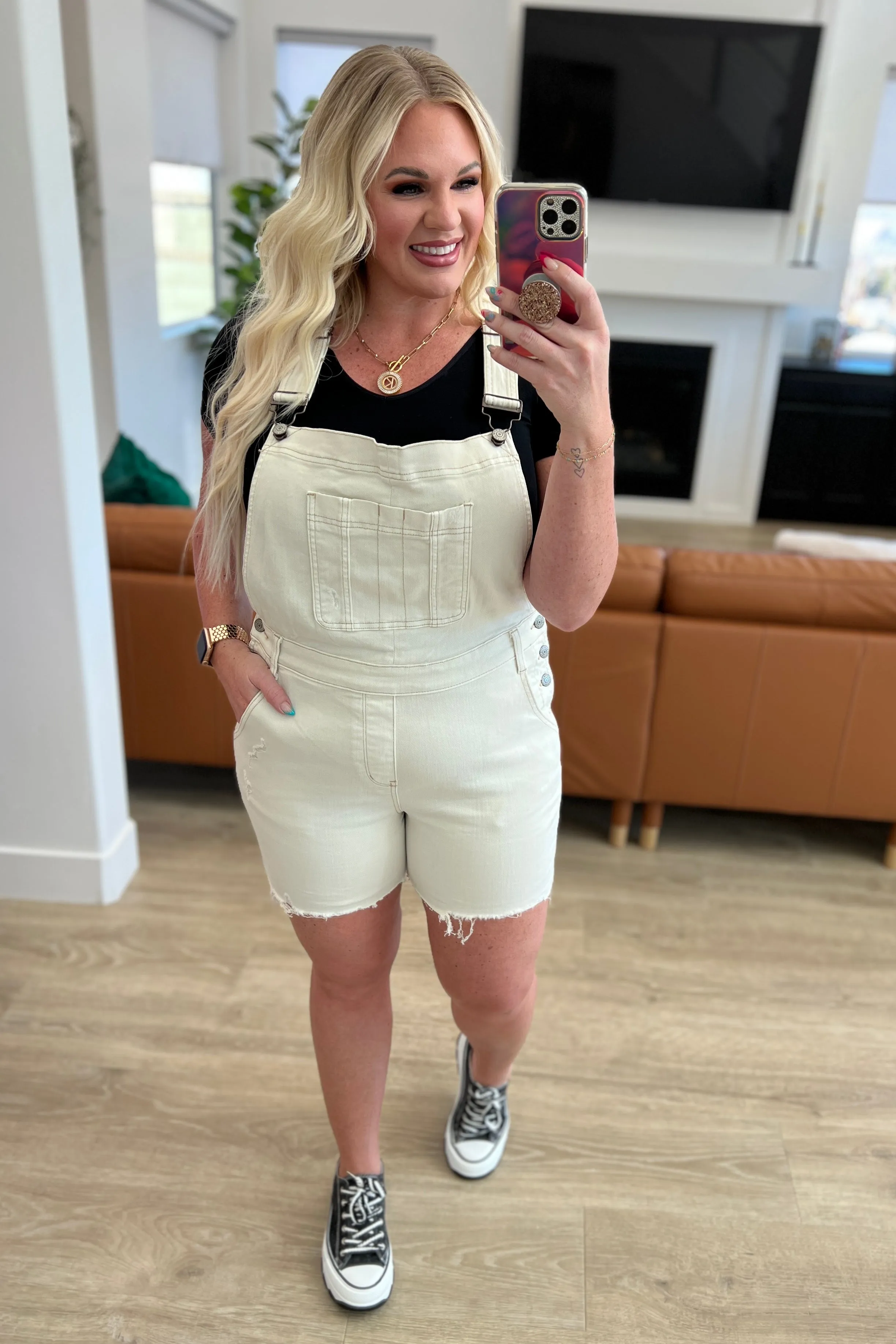 Judy Blue High-Rise Cut-Off Shortalls in Ecru