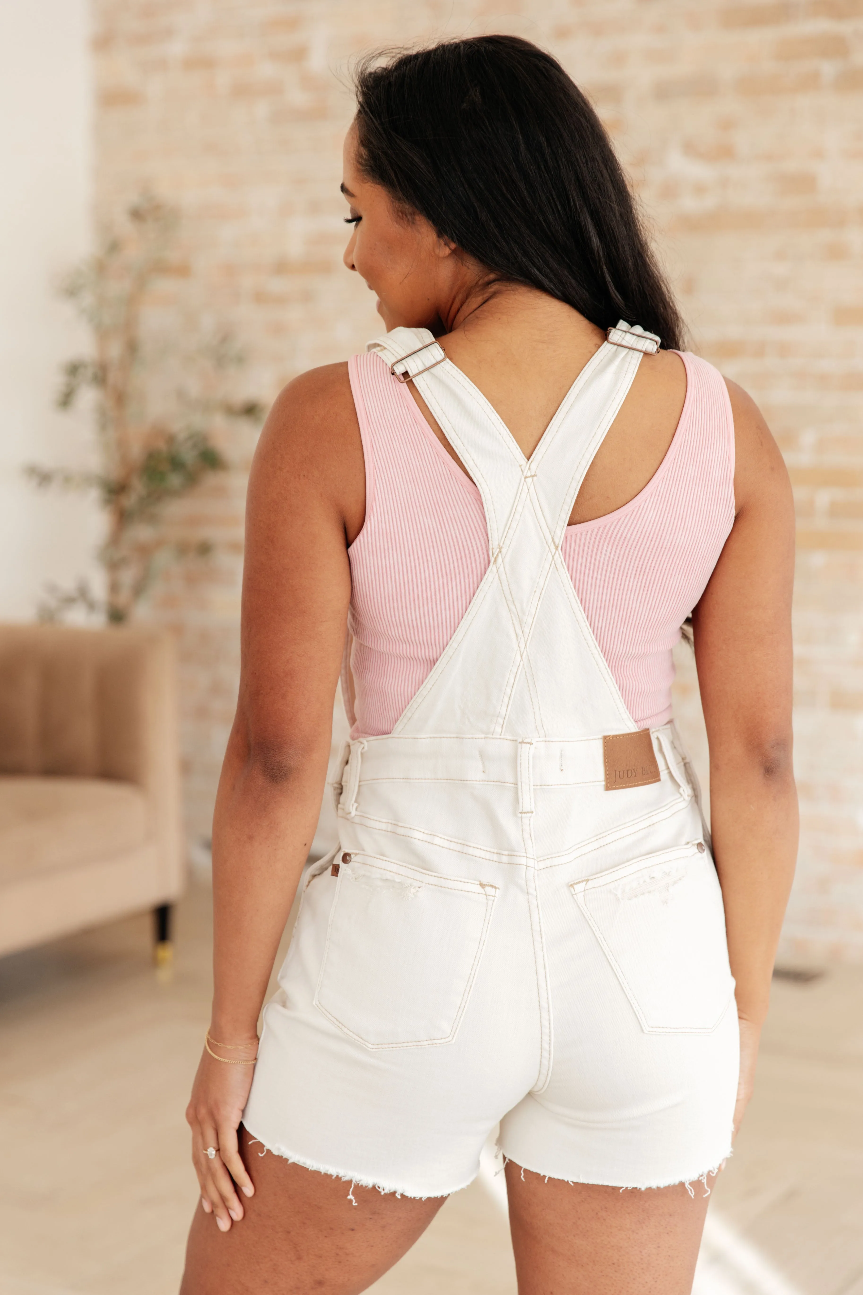Judy Blue High-Rise Cut-Off Shortalls in Ecru