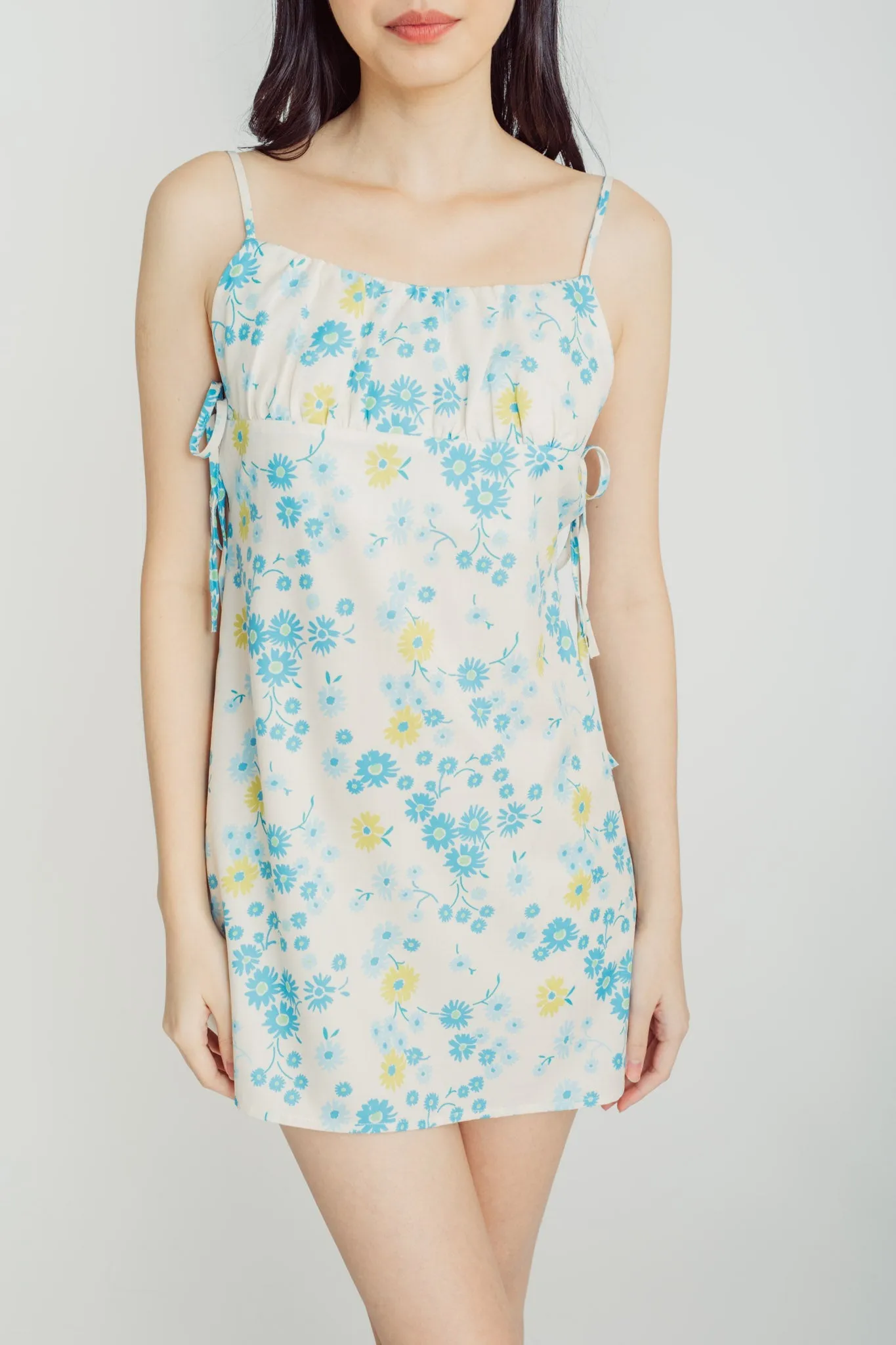 Kalani Blue Floral Print Sleeveless Side Tie Mini Dress