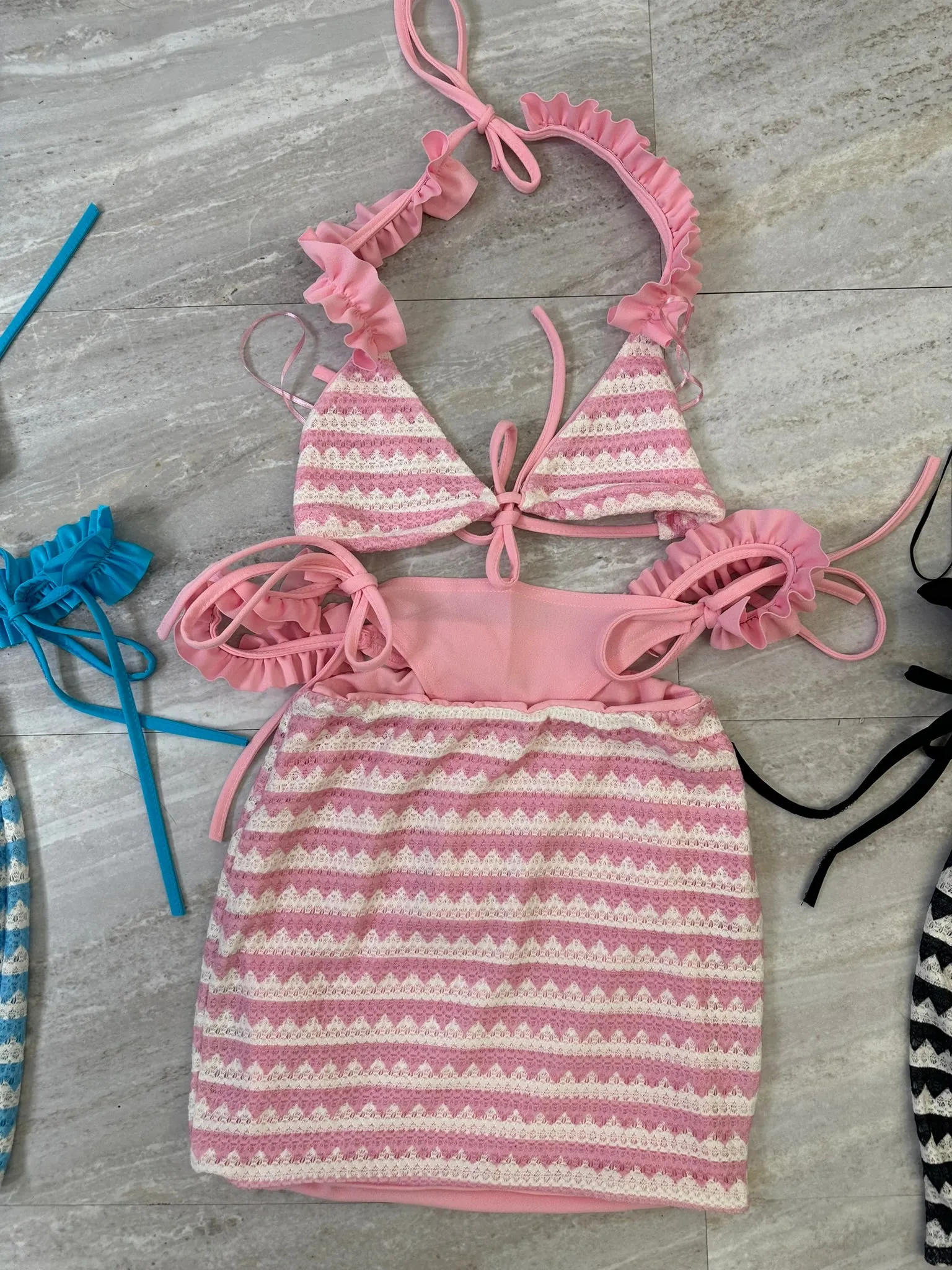 Knitted frill 3 piece bikini cover up sets
