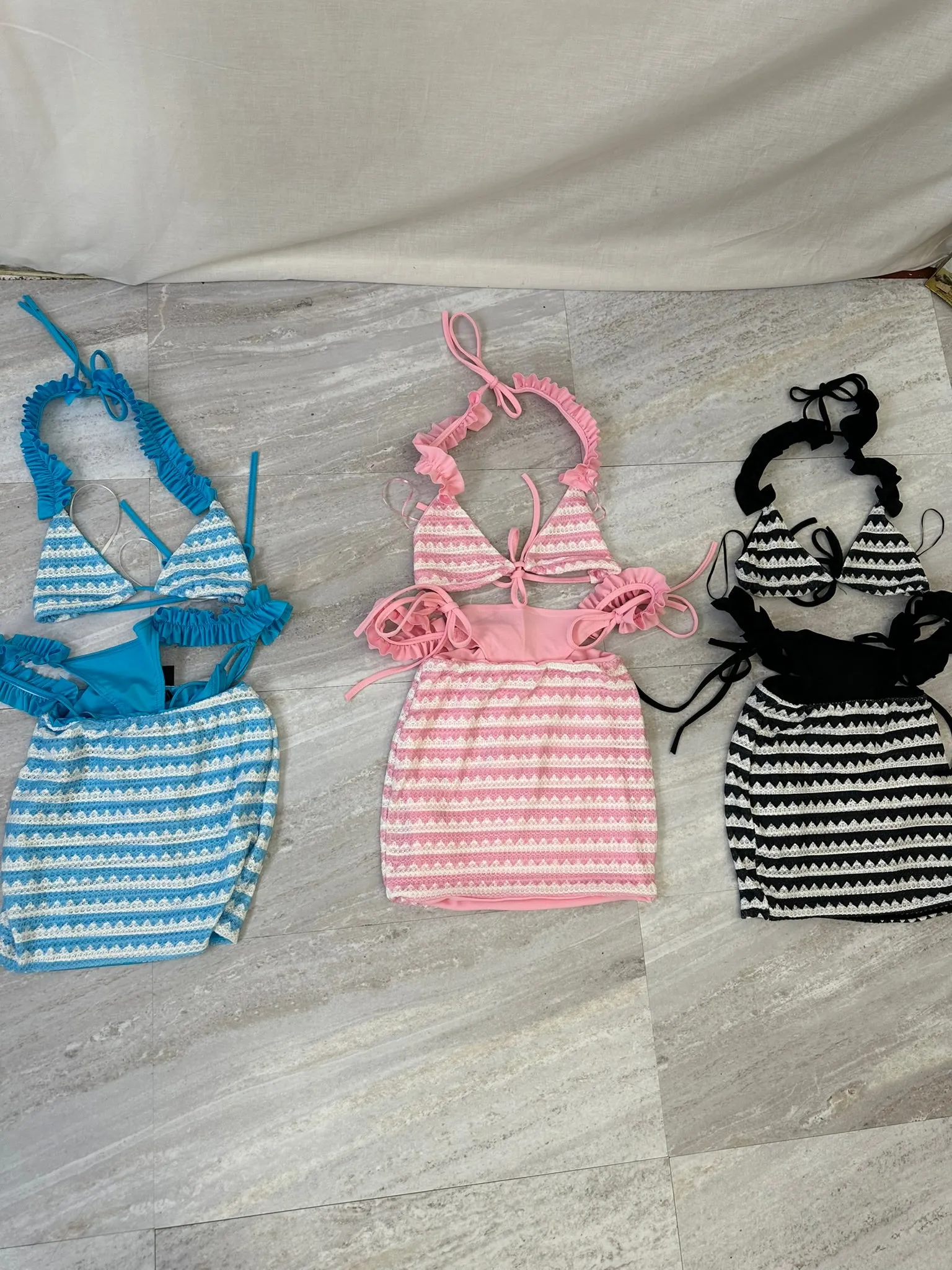 Knitted frill 3 piece bikini cover up sets