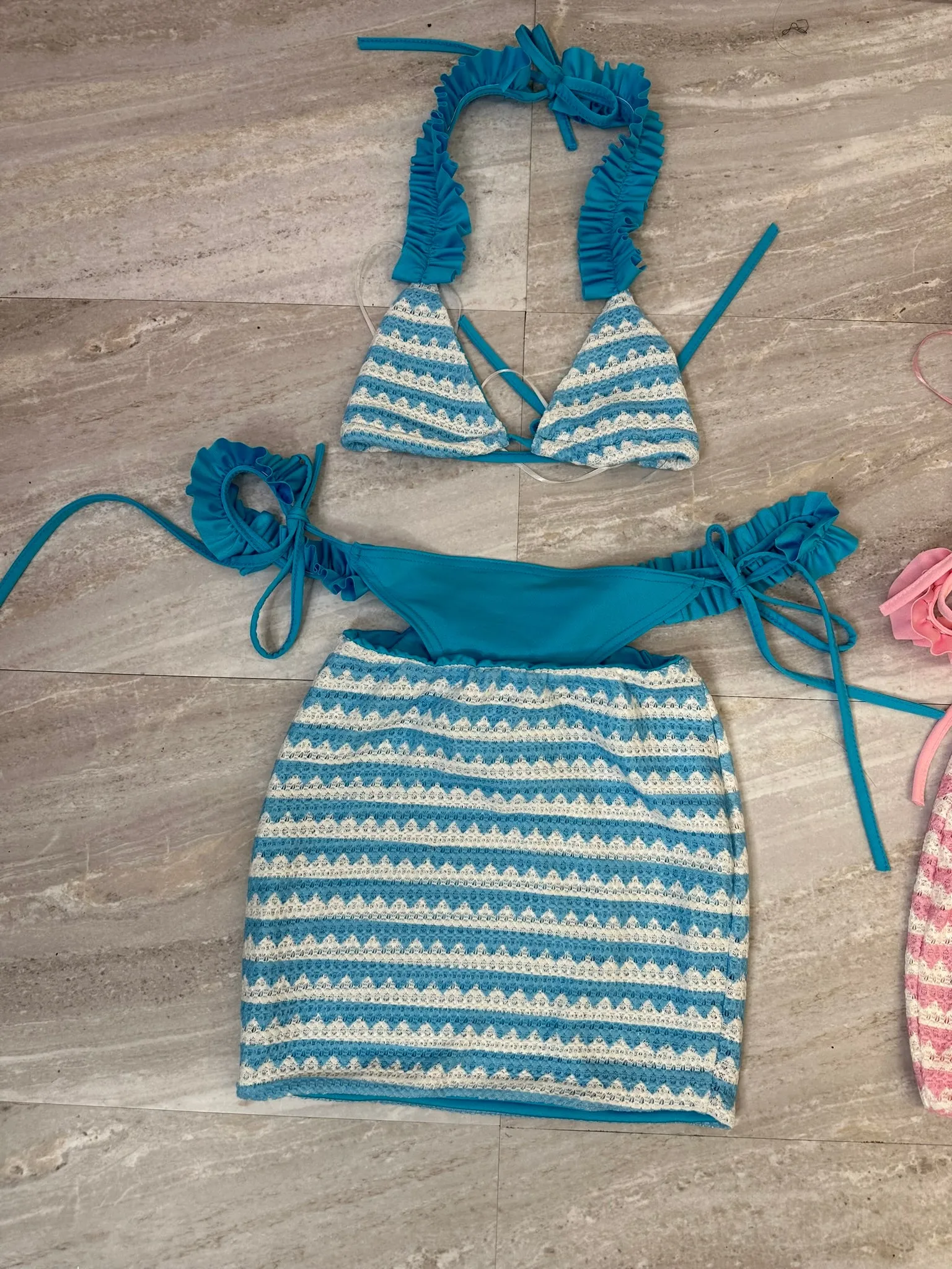 Knitted frill 3 piece bikini cover up sets