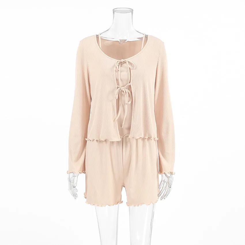 Knitted Long Sleeve Shorts Pajamas Three Piece Set
