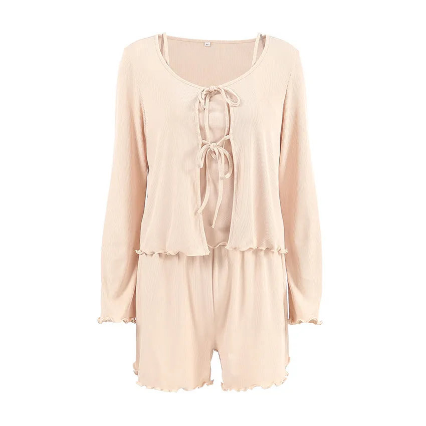 Knitted Long Sleeve Shorts Pajamas Three Piece Set