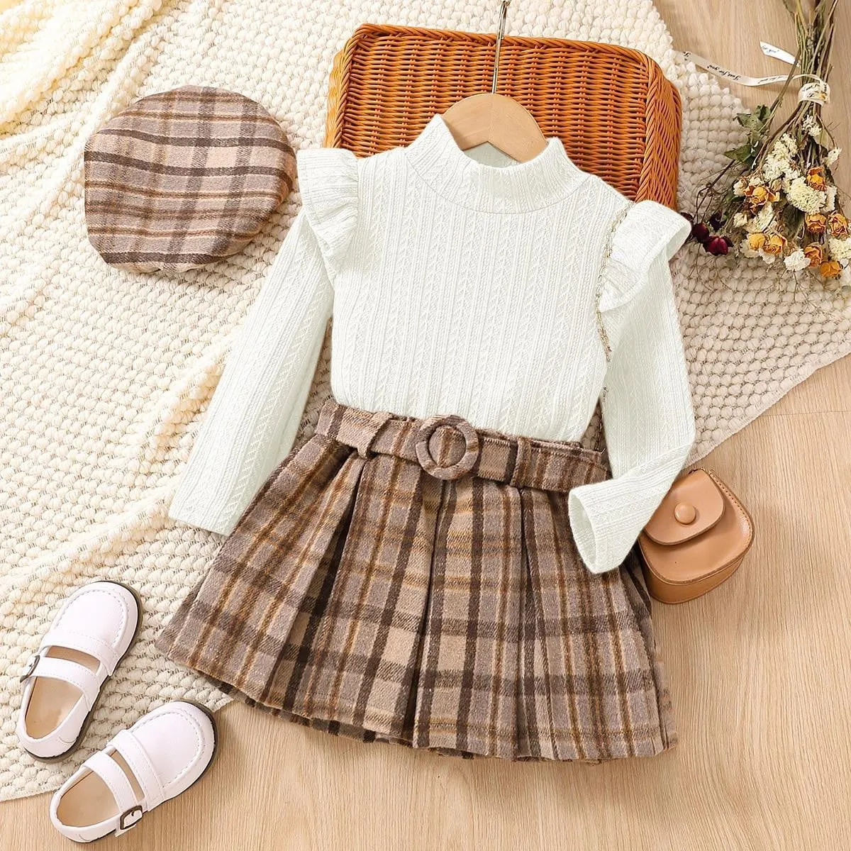 Knitted long-sleeved top plaid pleated skirt belt hat children's suit