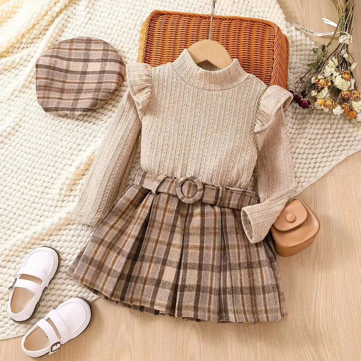Knitted long-sleeved top plaid pleated skirt belt hat children's suit