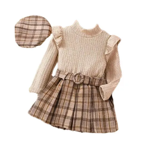 Knitted long-sleeved top plaid pleated skirt belt hat children's suit