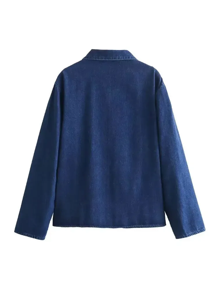 Lace Up Denim Blouse with Pockets