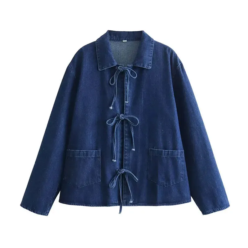 Lace Up Denim Blouse with Pockets