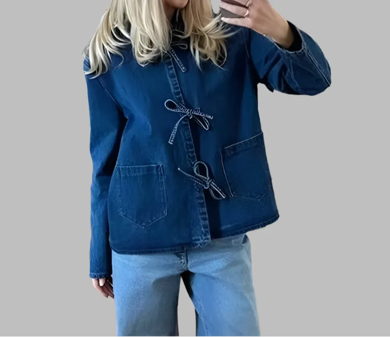 Lace Up Denim Blouse with Pockets