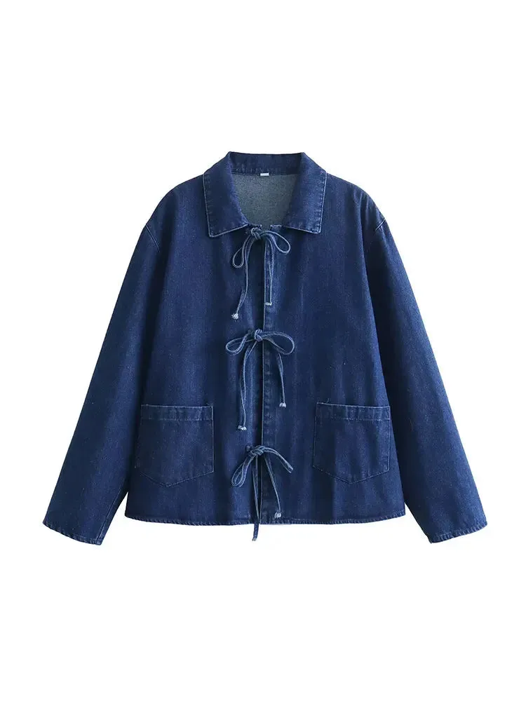 Lace Up Denim Blouse with Pockets