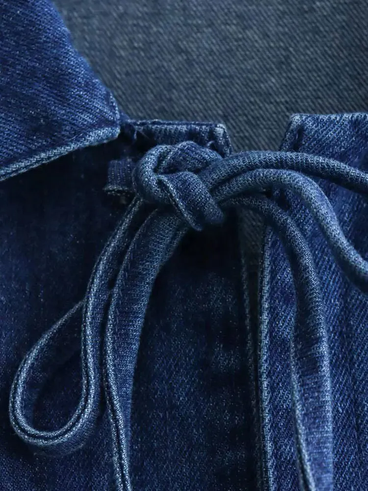 Lace Up Denim Blouse with Pockets