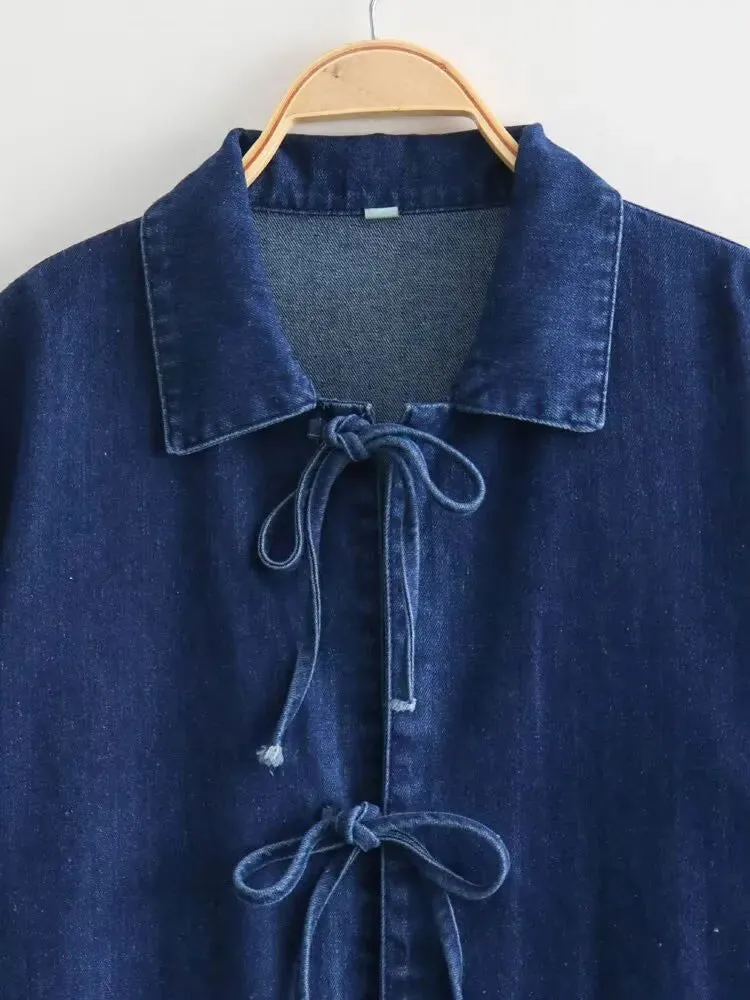 Lace Up Denim Blouse with Pockets