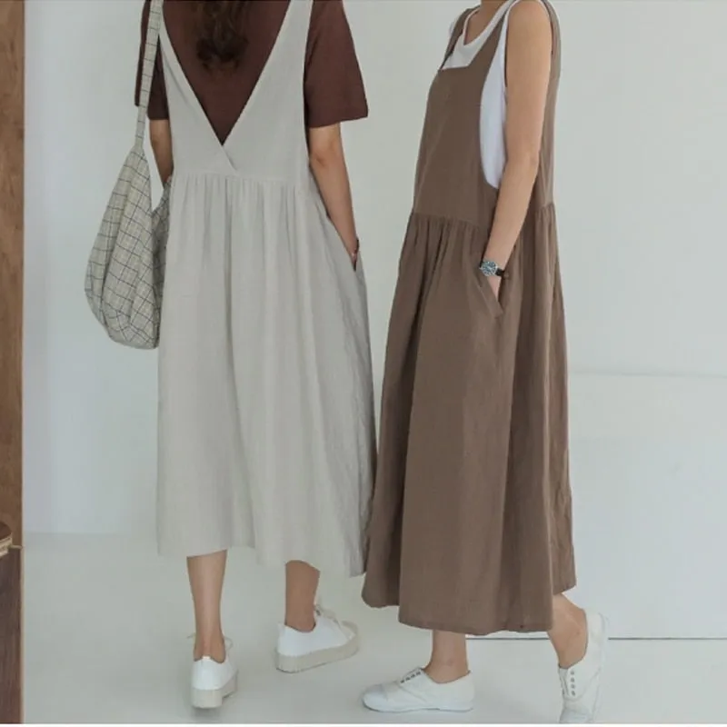 Ladies Plus Size Cotton Linen Sleeveless Robe Dress w/ Pockets