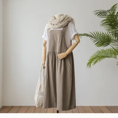 Ladies Plus Size Cotton Linen Sleeveless Robe Dress w/ Pockets